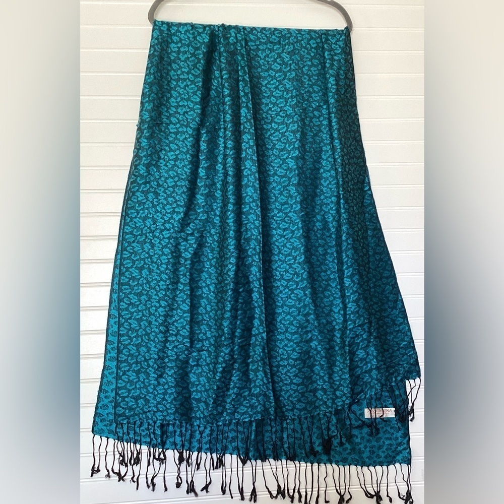 Pashmina & Silk Womens Scarf Shawl Fringed Paisley Blue Black Wrap 27" × 74"